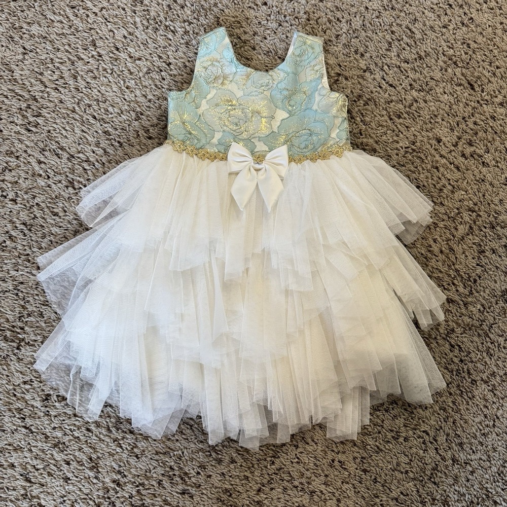 American Princess 3T Flower Girl‎ Dress Mint Gold Tulle Wedding Party Holiday